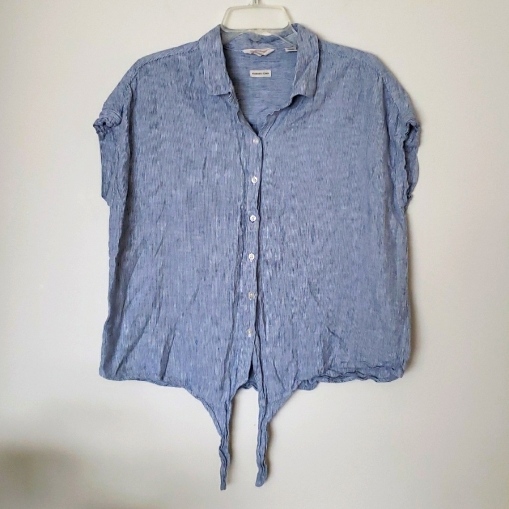 Weatherproof vintage linen blue white striped button down tie front top Sz Large